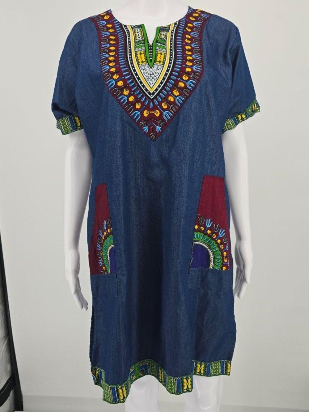 2010s Marine Imports Blue Chambray Cotton Dashiki Shift Tunic Dress (XL)